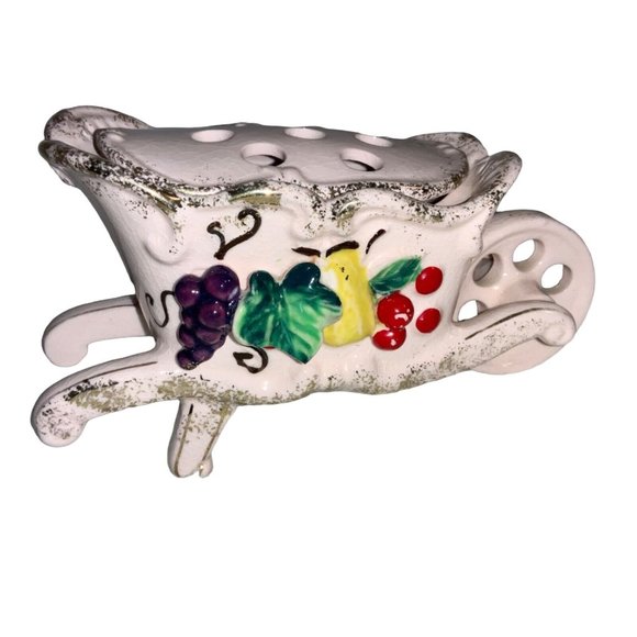 Pink WHEELBARROW Flower Frog Gold colored Trim -fruit on sides - Picture 5 of 10